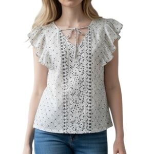 NWT LUCKY BRAND Short Flutter Sleeve Tie V-Neckline Floral Print Top Size Medium